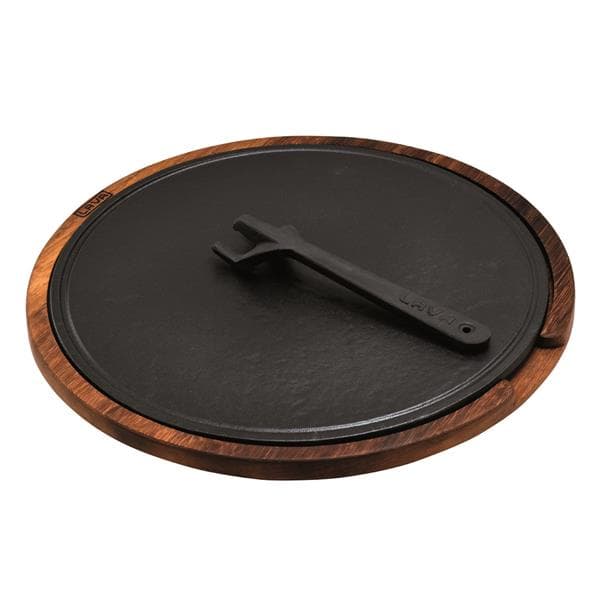 Деревянный поднос с чугунным блюдом(Ø)34cm. (4 pieces Silicon seperater, between wood and plate)
