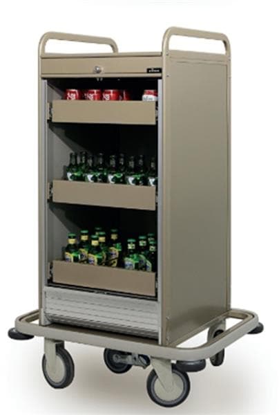 Тележка для минибара EFS 3M, размер: 960x600x1290 мм, 3 ящика, рольставни с замком, 4 поворотных колеса Ø150 мм, 2 шт. с тормозами и 1 дополнительным 5-м роликом «RS5» и защитным бампером, цвет на выбор